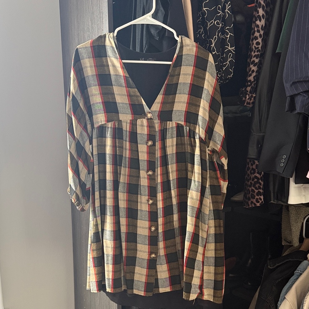 Plaid Button-Front Women’s Tunic Dress - Black/Beige Check